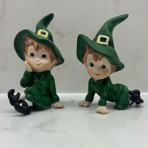 2 Vintage Lefton Bisque St. Patrick’s Day Irish Leprechaun Pixie Elf Figurines